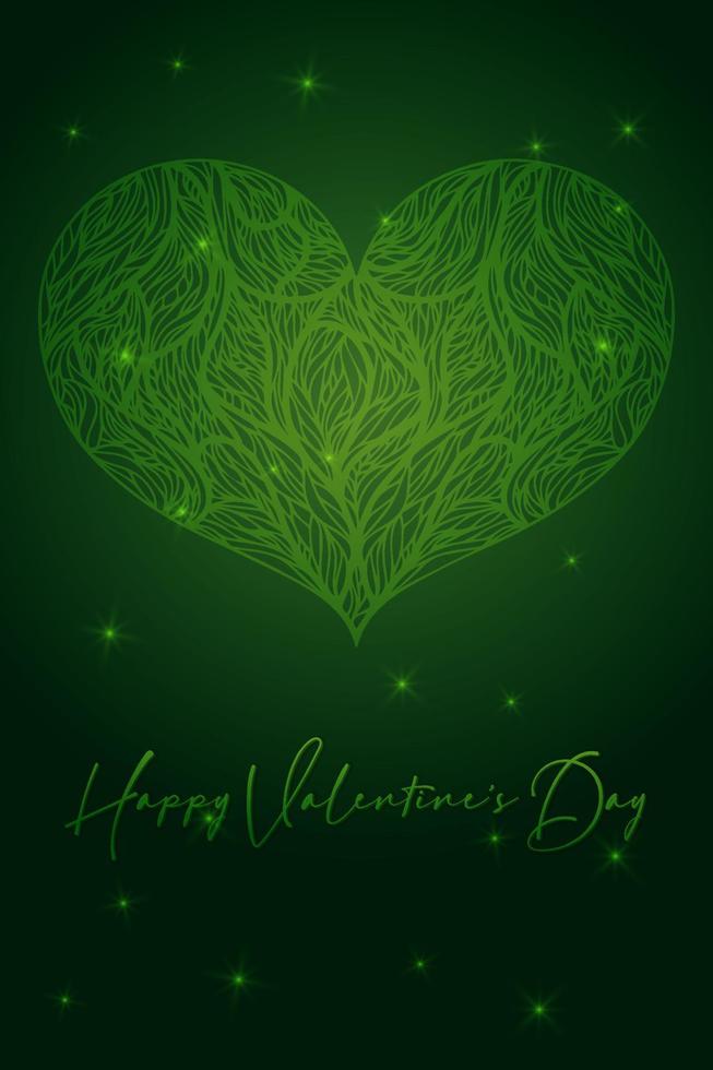 opuscolo di volantino di invito banner biglietto di auguri di San Valentino. tavolozza in oro verde stile eco naturale. a forma di cuore foglie ramo e scritte vettore