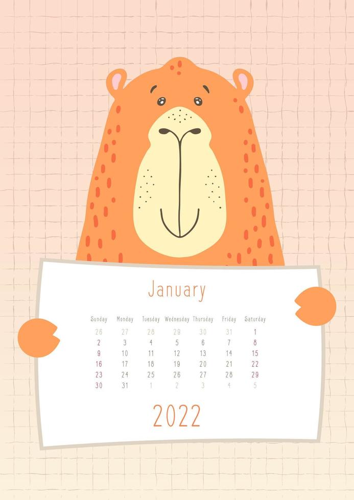 Calendario gennaio 2022, simpatico animale cammello con in mano un foglio di calendario mensile, stile infantile disegnato a mano vettore