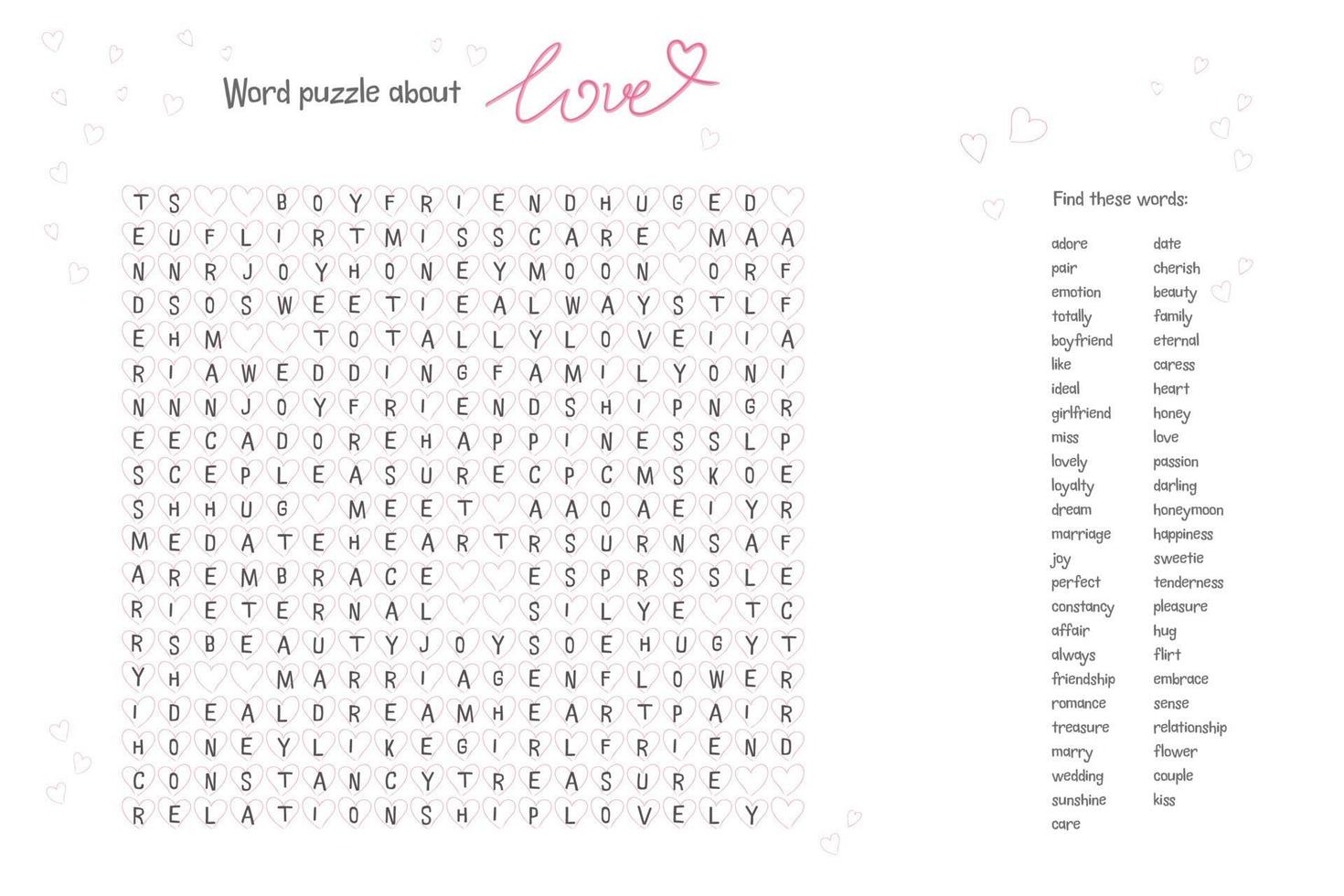 cruciverba di parole di san valentino - trova le parole elencate sull'amore nel puzzle del lavoro del cervello. test di attenzione, gioco di enigmi in inglese. le parole si trovano in avanti e in basso vettore