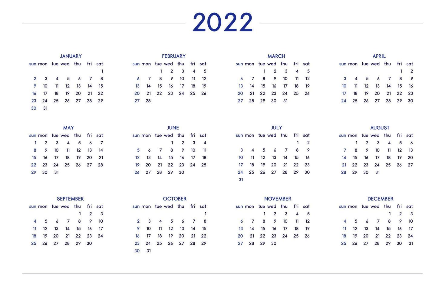Calendario 2022 impostato in classico stile rigoroso. calendario da tavolo da parete, design aziendale minimale per notebook e pianificatore. la settimana inizia di domenica vettore