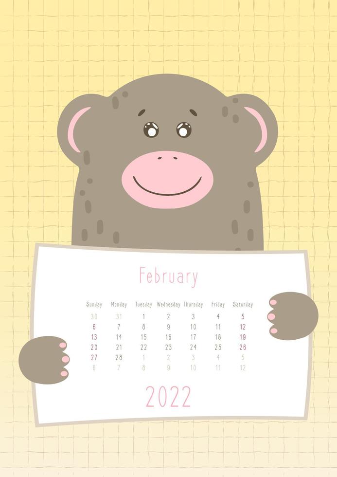 Calendario febbraio 2022, simpatico animale scimmia che tiene un foglio di calendario mensile, stile infantile disegnato a mano vettore