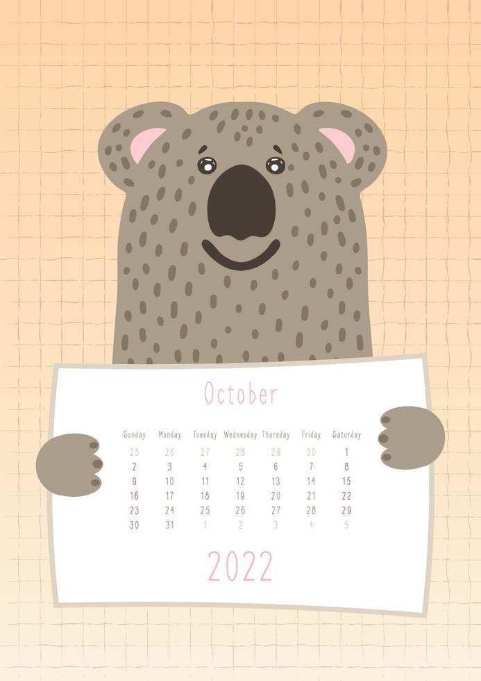 Calendario di ottobre 2022, simpatico animale koala che tiene un foglio di calendario mensile, stile infantile disegnato a mano vettore