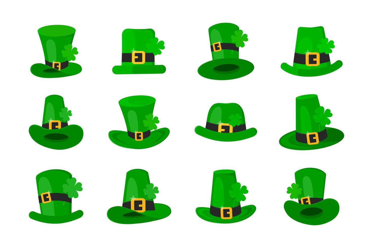 San Patrizio giorno leprechaun cappello verde impostato con trifoglio trifoglio quattro foglie fortunato icona piatto stile design illustrazione vettoriale isolato su sfondo bianco.