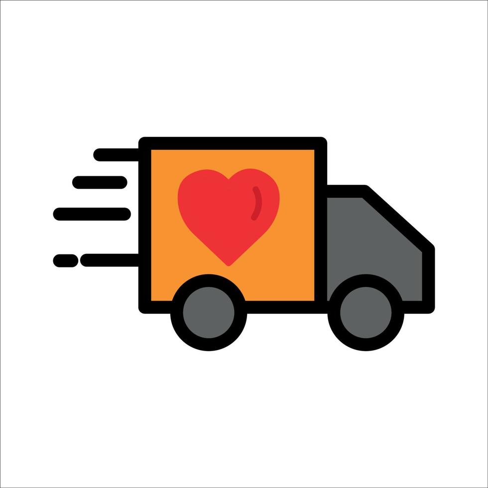 icona di colore lineare del camion con il cuore. simbolo di carità, donazione, umanità. tratto modificabile. modello di disegno vettoriale