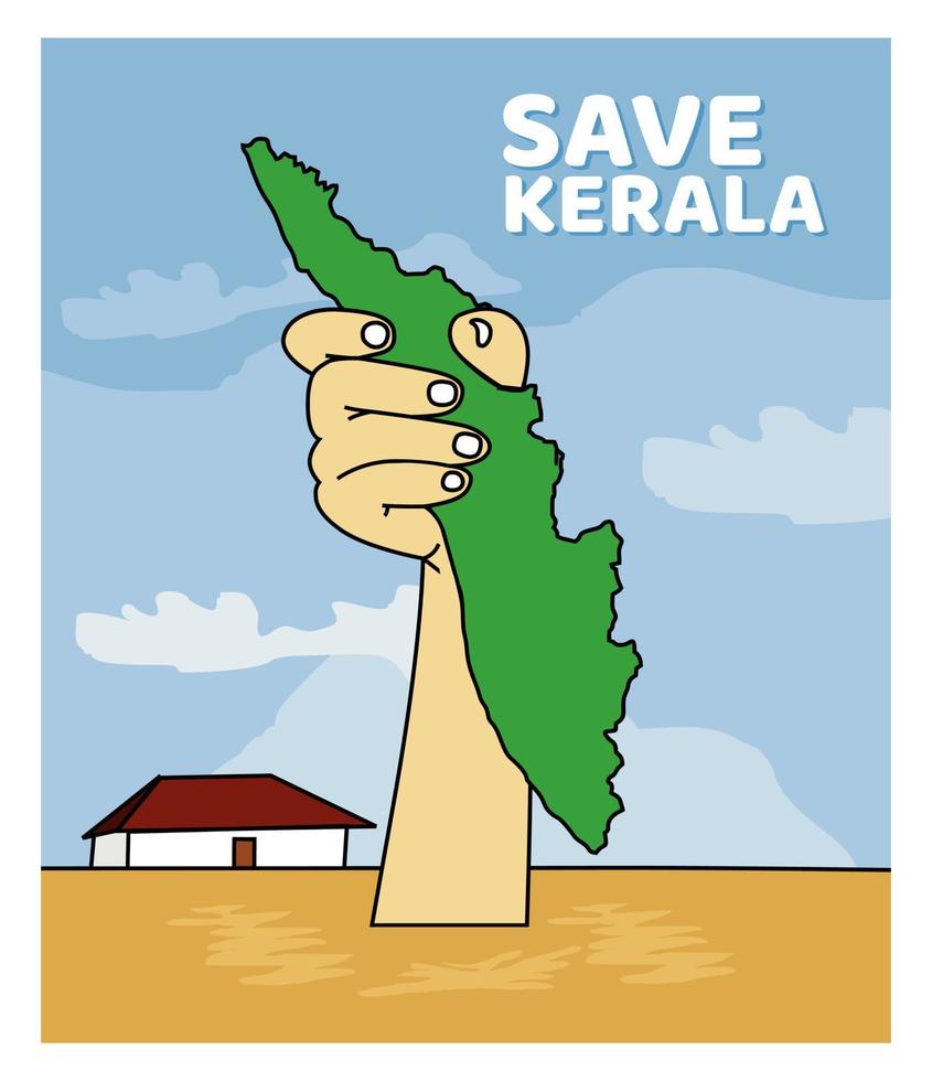 salva il kerala dall'alluvione proteggi la mappa del kerala sul disegno vettoriale a mano