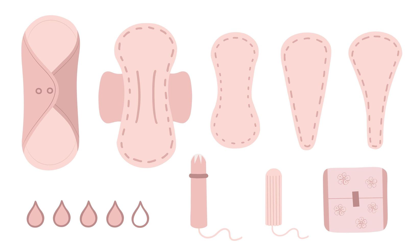 assorbenti femminili, assorbenti igienici, assorbenti in tessuto, salvaslip. illustrazione per l'igiene femminile, la medicina, le mestruazioni. illustrazione per sfondi, sfondi, packaging, tessile, design stagionale. vettore