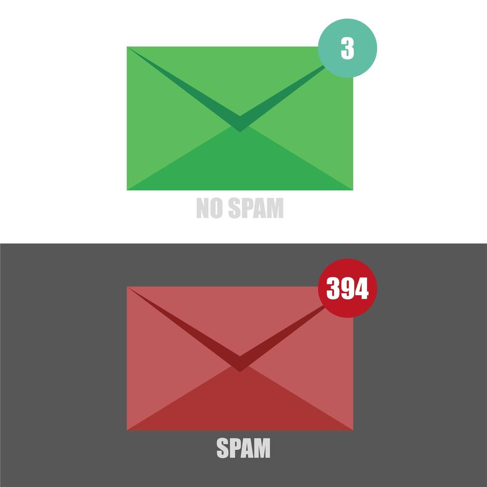 e-mail spam no spam con busta rossa e verde su sfondi bianchi e neri vettore