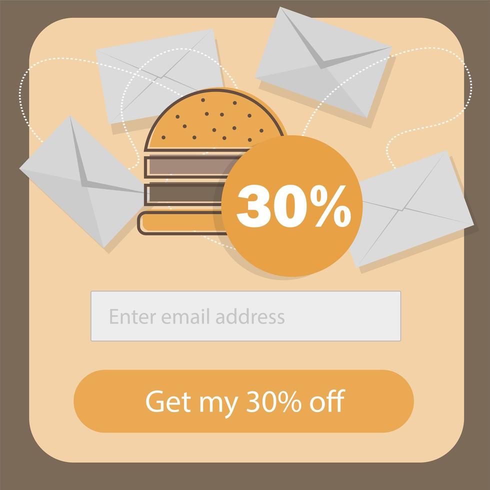 design piatto modello di sconto coupon hamburger fast food - modulo di iscrizione e-mail vettore