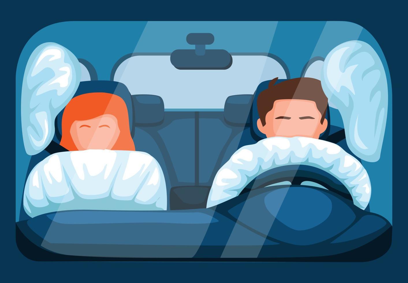 sistema airbag in auto. funzione di sicurezza del veicolo in caso di incidente con conducente e passeggero nella vista frontale illustrazione vettoriale