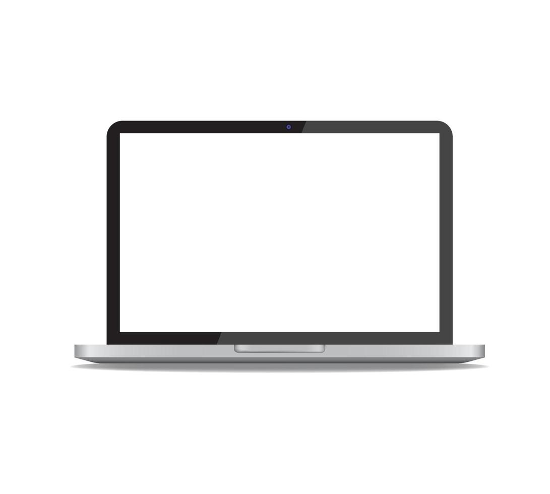 computer portatile realistico nell'illustrazione di vettore di vista frontale isolata su fondo bianco. notebook con webcam e mockup o modello a schermo vuoto