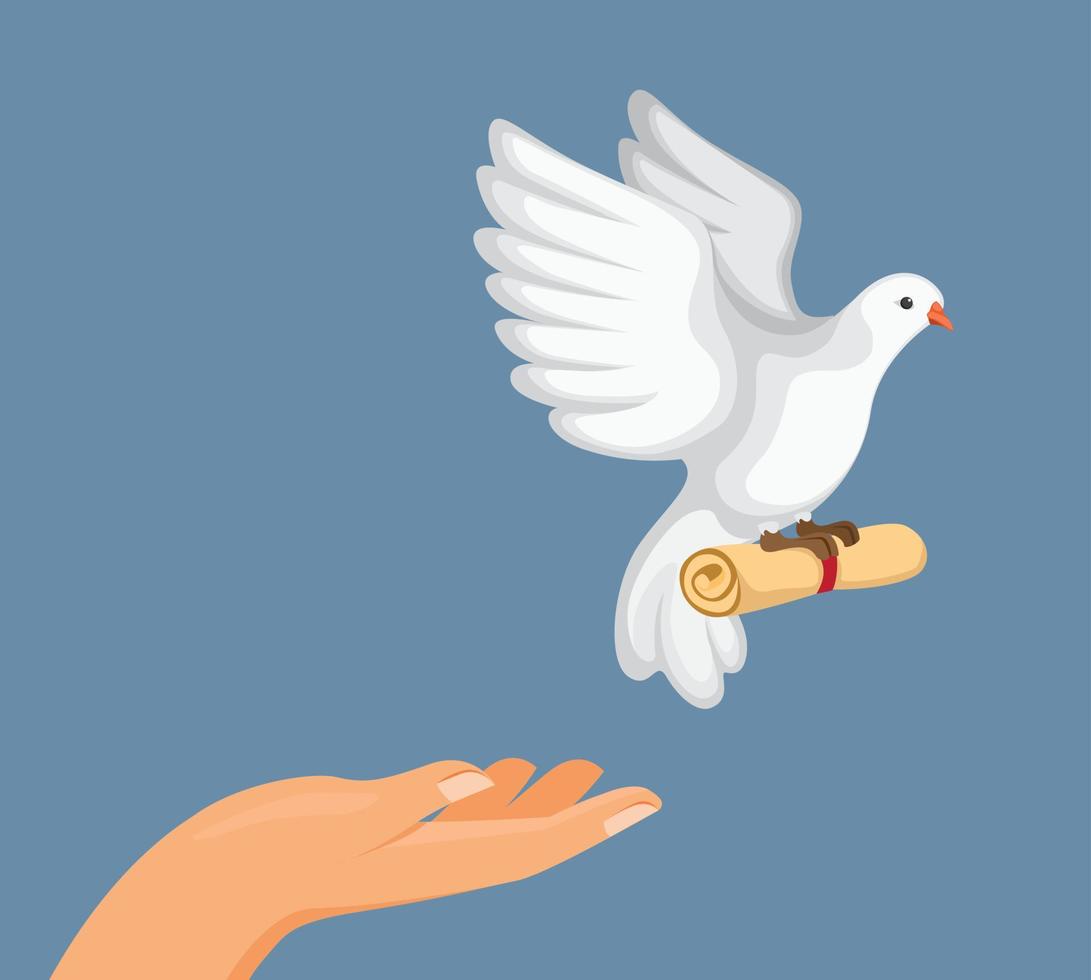 addestrare il trasportatore di piccioni per consegnare un messaggio, rilasciare a mano l'uccello del piccione con un messaggio di carta in rotolo in un'illustrazione piatta del fumetto vettore