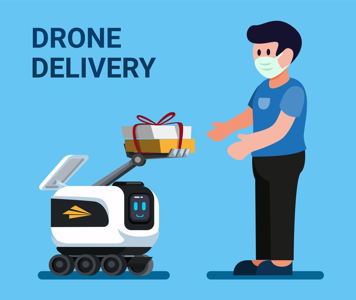 drone che dà il pacco al cliente, servizio di consegna del corriere robot nel vettore piatto dell'illustrazione del fumetto