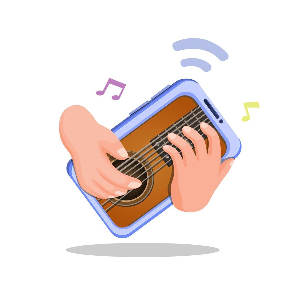 mano che suona la chitarra sullo smartphone. strumento musicale virtuale mobile app concetto illustrazione cartone animato vettore su sfondo bianco