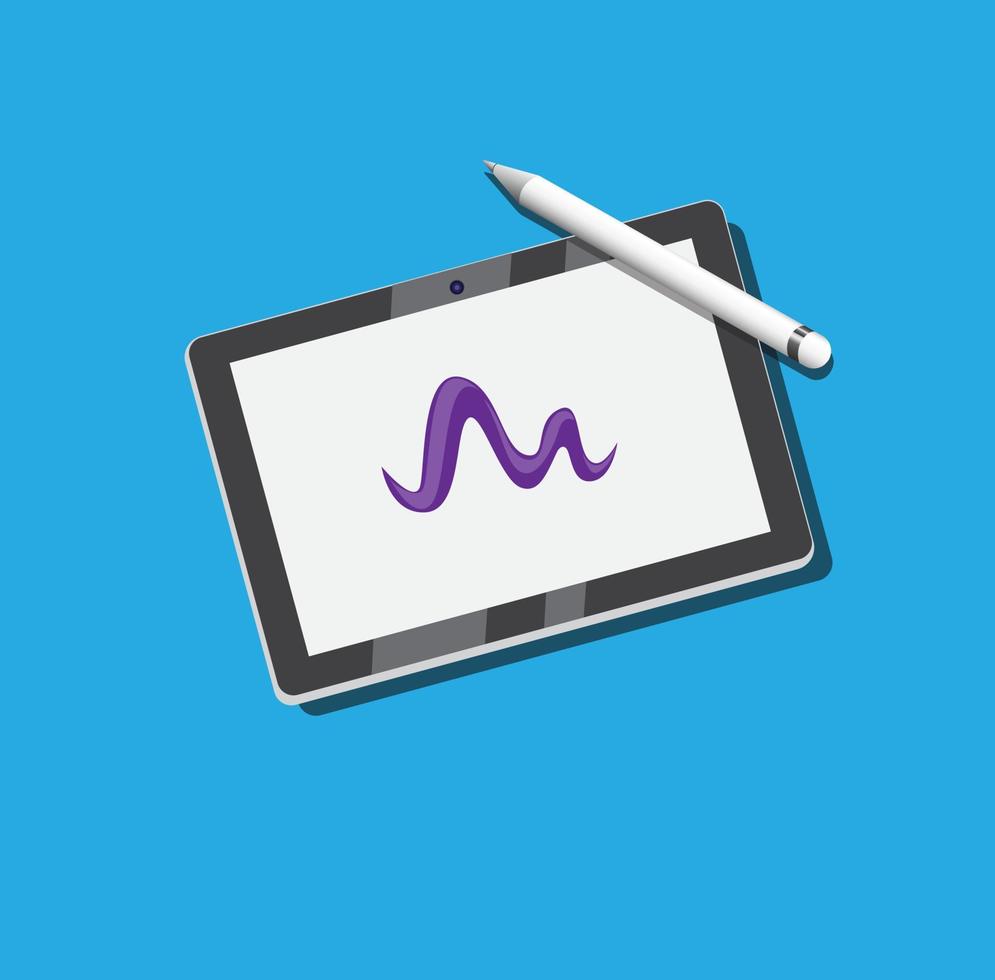 disegno a penna schizzo in tablet, designer attrezzatura grafica strumento gadget illustrazione piatta in sfondo blu vettore modificabile