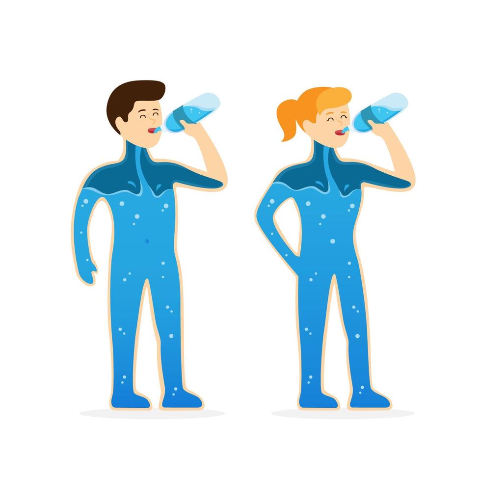 uomo e donna che bevono acqua dalla bottiglia, corpo umano con acqua per fermare la sete e la disidratazione nel vettore piatto dell'illustrazione del fumetto isolato nel fondo bianco