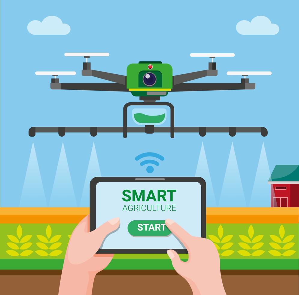 drone agricoltura intelligente, l'agricoltore usa il tablet che controlla il drone per spruzzare prodotti chimici sul campo di grano. cartone animato piatto illustrazione vettoriale