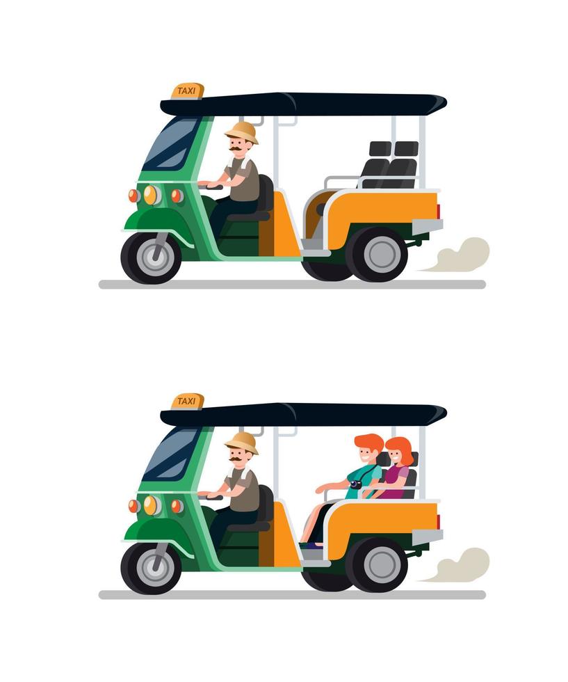 tuk tuk risciò trasporto tradizionale dalla thailandia con autista e set di icone di coppia turistica. illustrazione vettoriale piatta dei cartoni animati