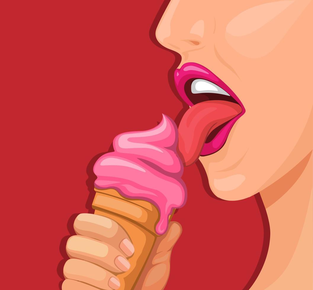 bocca della ragazza che mangia l'illustrazione del fumetto di concetto di simbolo del cono gelato vettore