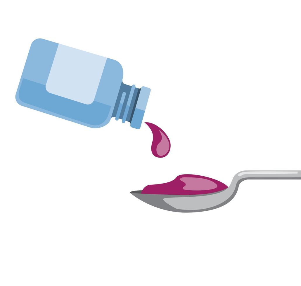 bottiglia di medicina liquida versata in un cucchiaio. versare la medicina liquida in un misurino. vettore piatto dell'illustrazione delle risorse grafiche di assistenza sanitaria