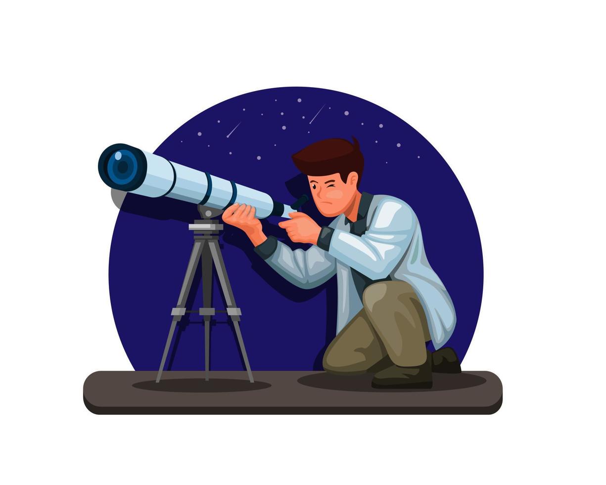 scienziato astronomo che utilizza l'illustrazione del concetto di telescopio nel vettore di cartoni animati