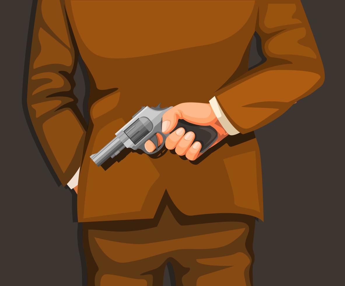 uomo in tuta che tiene la pistola nella parte posteriore. illustrazione del concetto di scena criminale killer nel vettore di cartoni animati