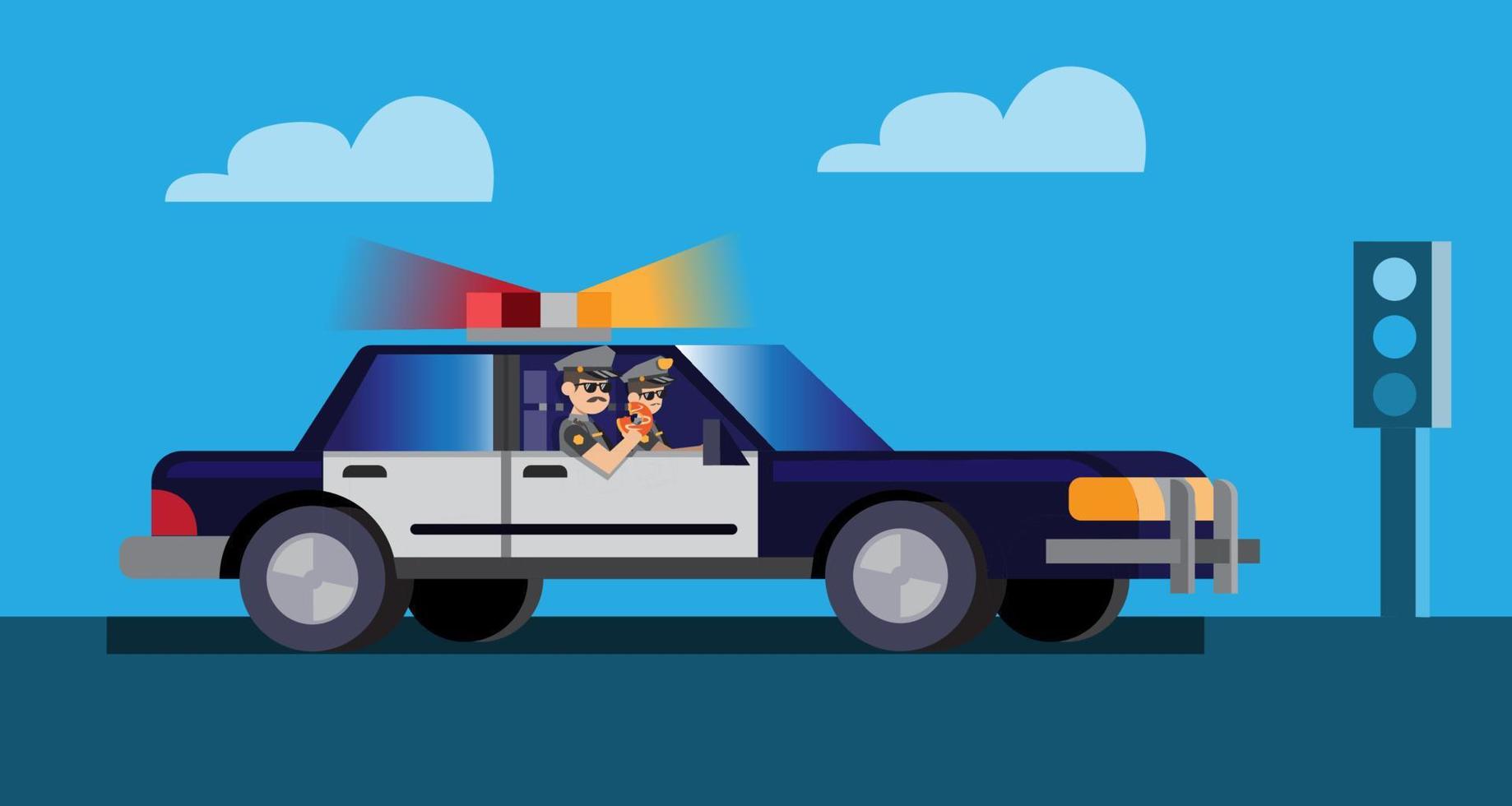 pattuglia dell'ufficiale di polizia con auto e design piatto di ciambella mangiata vettore
