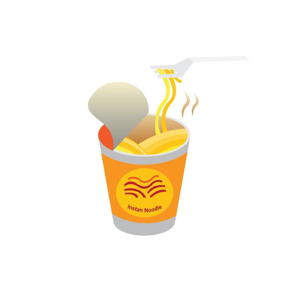tazza di spaghetti istantanei ramen con illustrazione di forchetta di plastica vettore
