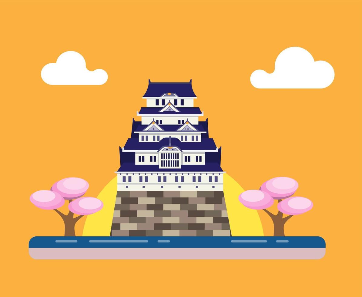 castello tradizionale giapponese con albero di sakura e concetto di sfondo al tramonto in stile piatto illustrazione vettoriale modificabile