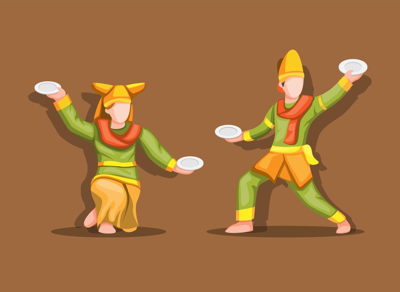 tarian piring aka plate dance è una danza tradizionale del minangkabau. vettore dell'illustrazione del fumetto di concetto di sumatra occidentale, indonesia