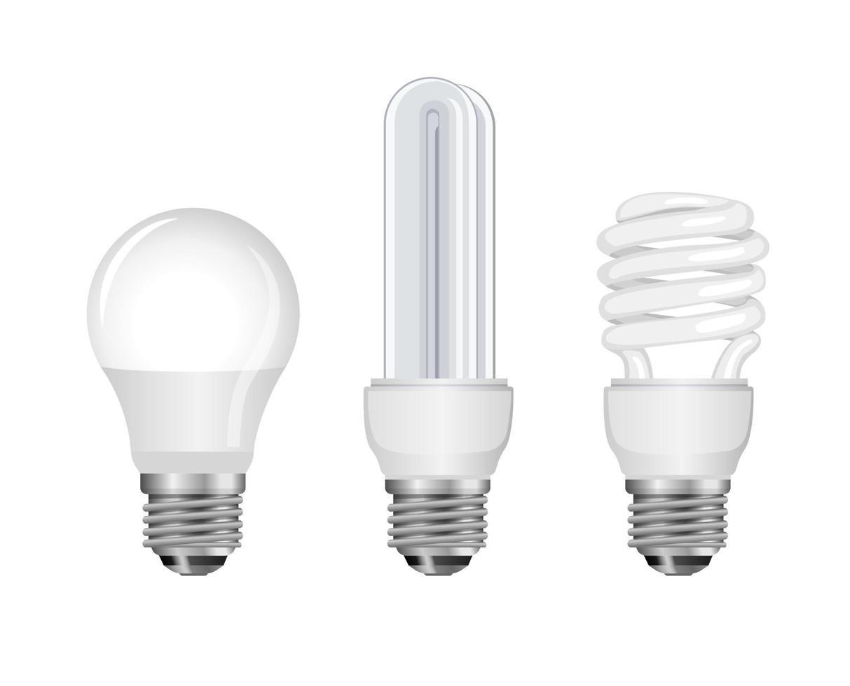 set di raccolta di lampadine al neon. lampadina, lampada a spirale e lampada intelligente, risparmio energetico. concetto in illustrazione realistica vettore in sfondo bianco