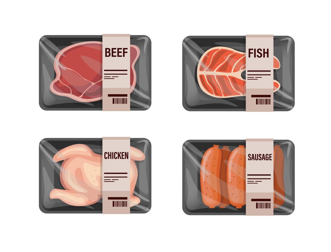 variazione di carne cruda nell'insieme dell'icona di simbolo dell'involucro del contenitore di plastica. pollo, tonno, manzo e salsiccia, nel, mercato alimentare, negozio, concetto, in, cartone animato, illustrazione, vettore