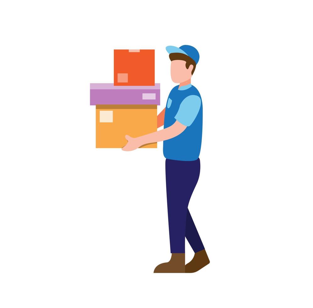 l'uomo del corriere trasporta la scatola del pacchetto, il servizio di consegna lo shopping online in illustrazione piatta vettore isolato in sfondo bianco