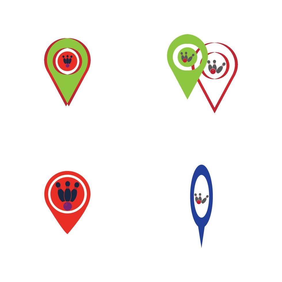 logo, icone e simbolo del concetto di punto mappa di bowling. palla da bowling e illustrazione vettoriale pin.