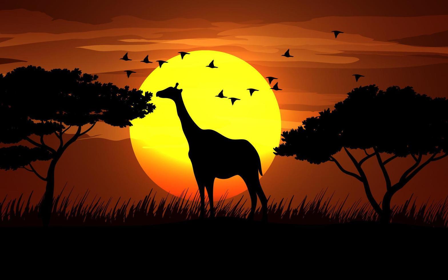 fauna africana al tramonto con giraffa e silhouette di uccelli vettore