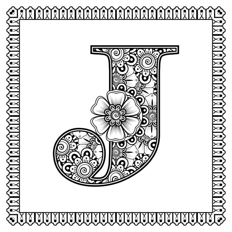 lettera j fatta di fiori in stile mehndi. pagina del libro da colorare. delineare l'illustrazione vettoriale di disegnare a mano.