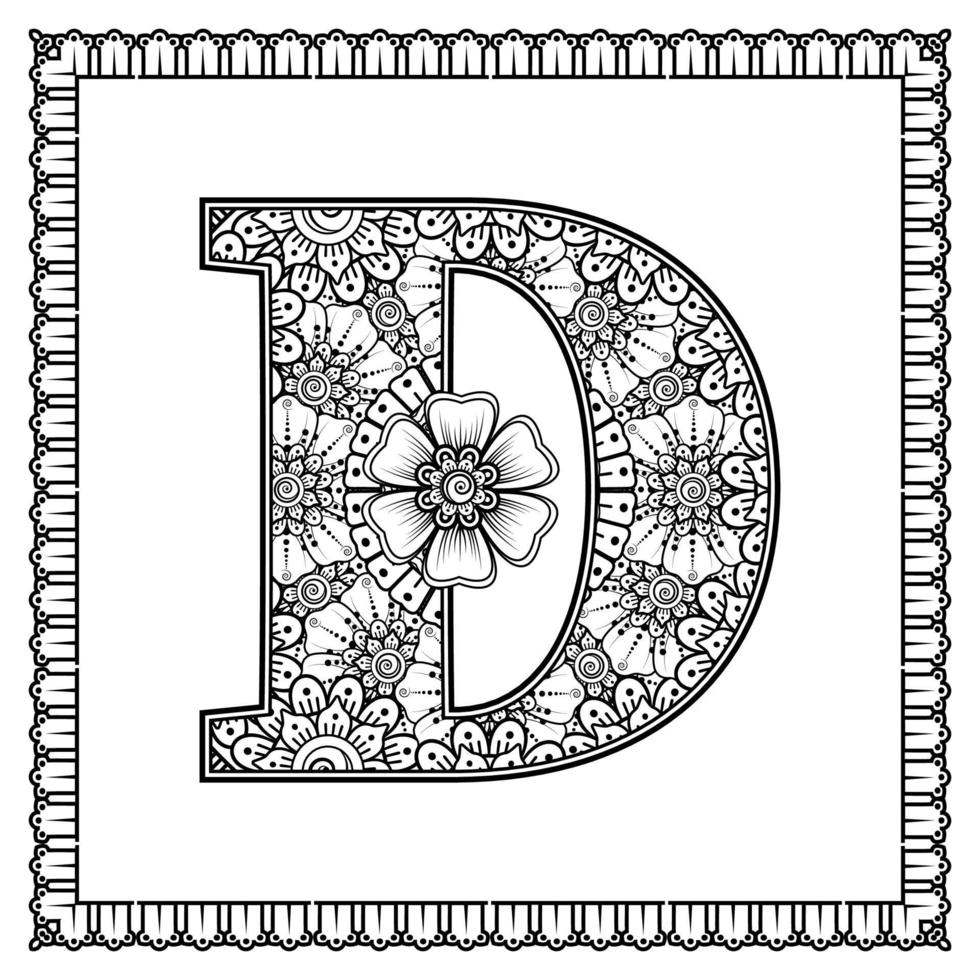 lettera d fatta di fiori in stile mehndi. pagina del libro da colorare. delineare l'illustrazione vettoriale di disegnare a mano.