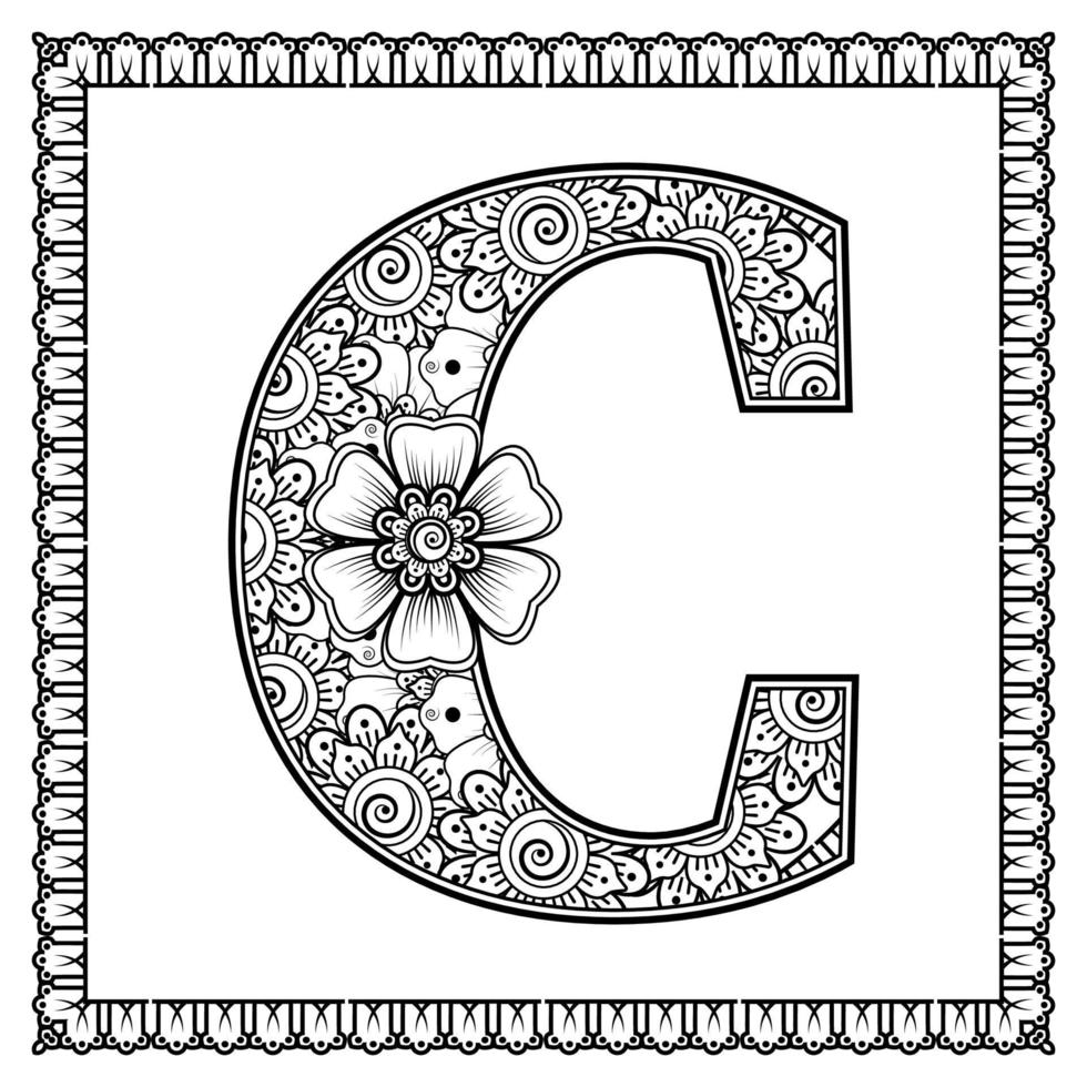 lettera c fatta di fiori in stile mehndi. pagina del libro da colorare. delineare l'illustrazione vettoriale di disegnare a mano.