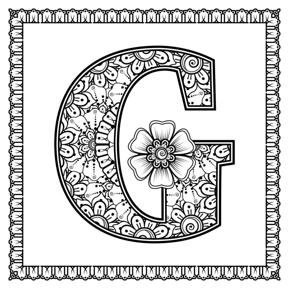 lettera g fatta di fiori in stile mehndi. pagina del libro da colorare. delineare l'illustrazione vettoriale di disegnare a mano.