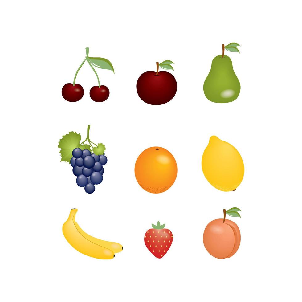 una serie di disegni di frutti e bacche isolati su uno sfondo bianco. clipart arancia, uva, ciliegia e mela. frutta esotica e cucina, cottura al forno. logo di una cucina, un bar o un ristorante. vettore