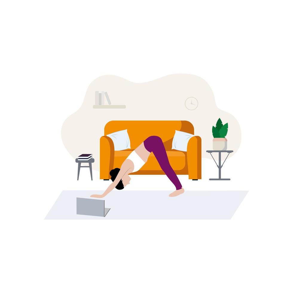 una ragazza snella fa esercizi di yoga a casa. interni di casa, divano e scaffali. il concetto di stile di vita sano, attività sportive e allenamento. posizioni yoga. illustrazione di cartone animato piatto vettoriale