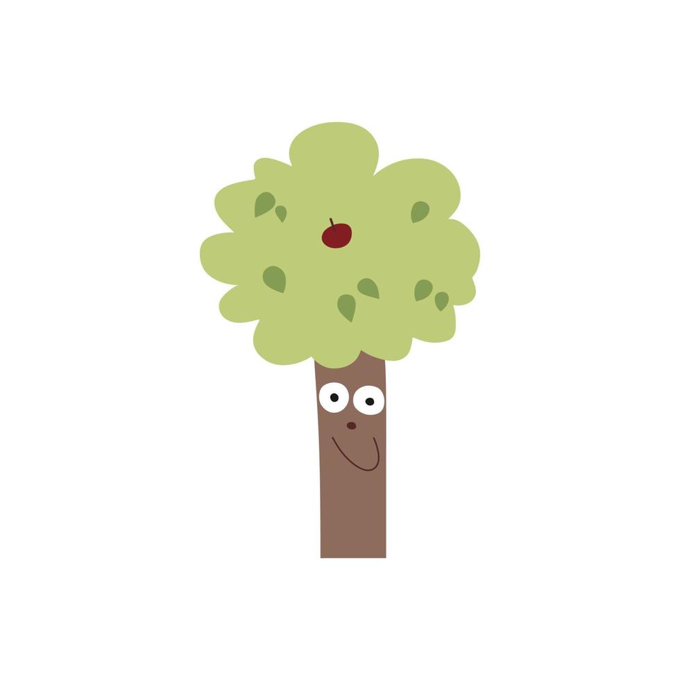 albero divertente con gli occhi. albero di mele isolato su uno sfondo bianco. illustrazione vettoriale dei cartoni animati. design del logo sul tema della protezione della natura e delle foreste. disegno divertente per bambini a mano.