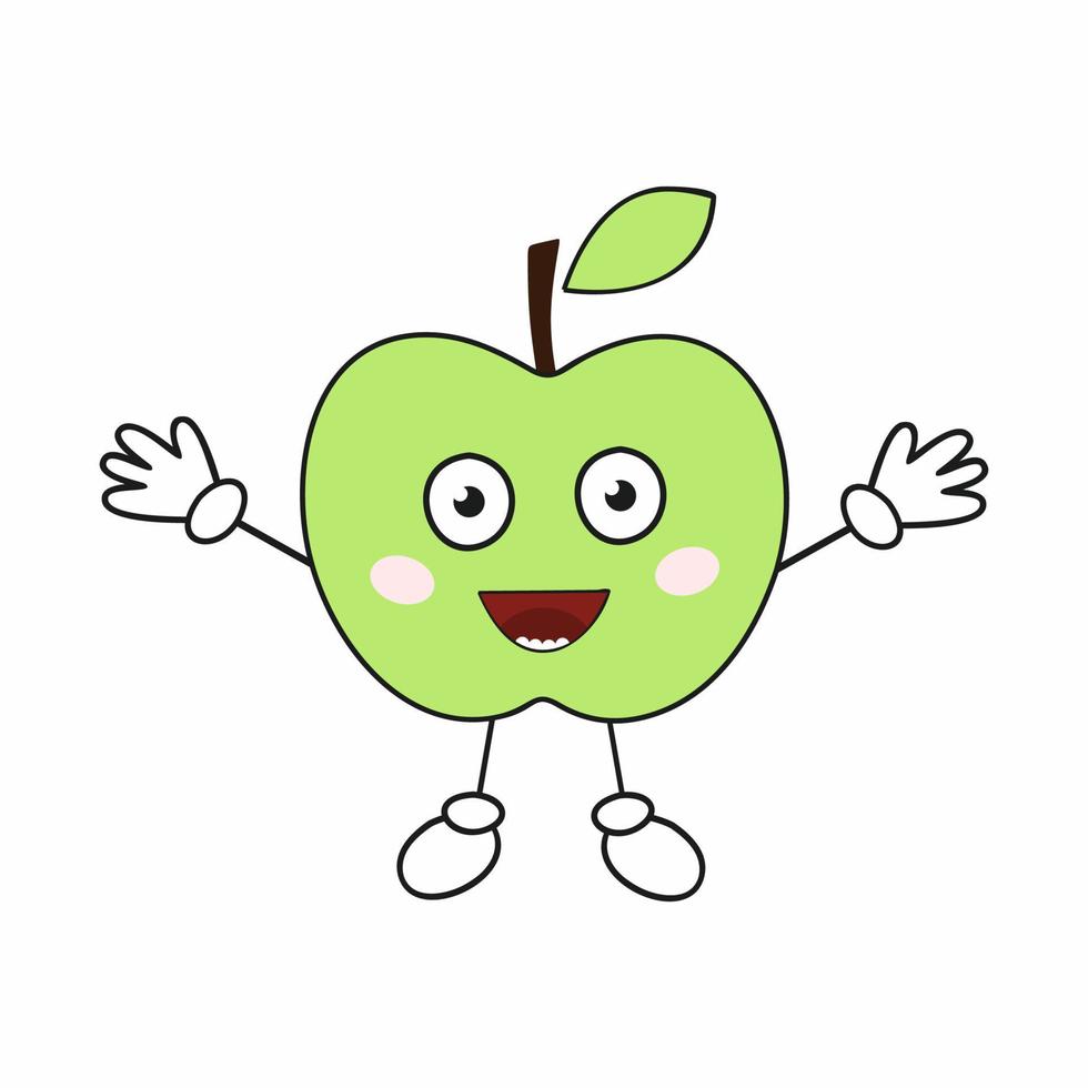 una mela verde allegra con grandi occhi e mani. divertenti emoji di frutta. vettore