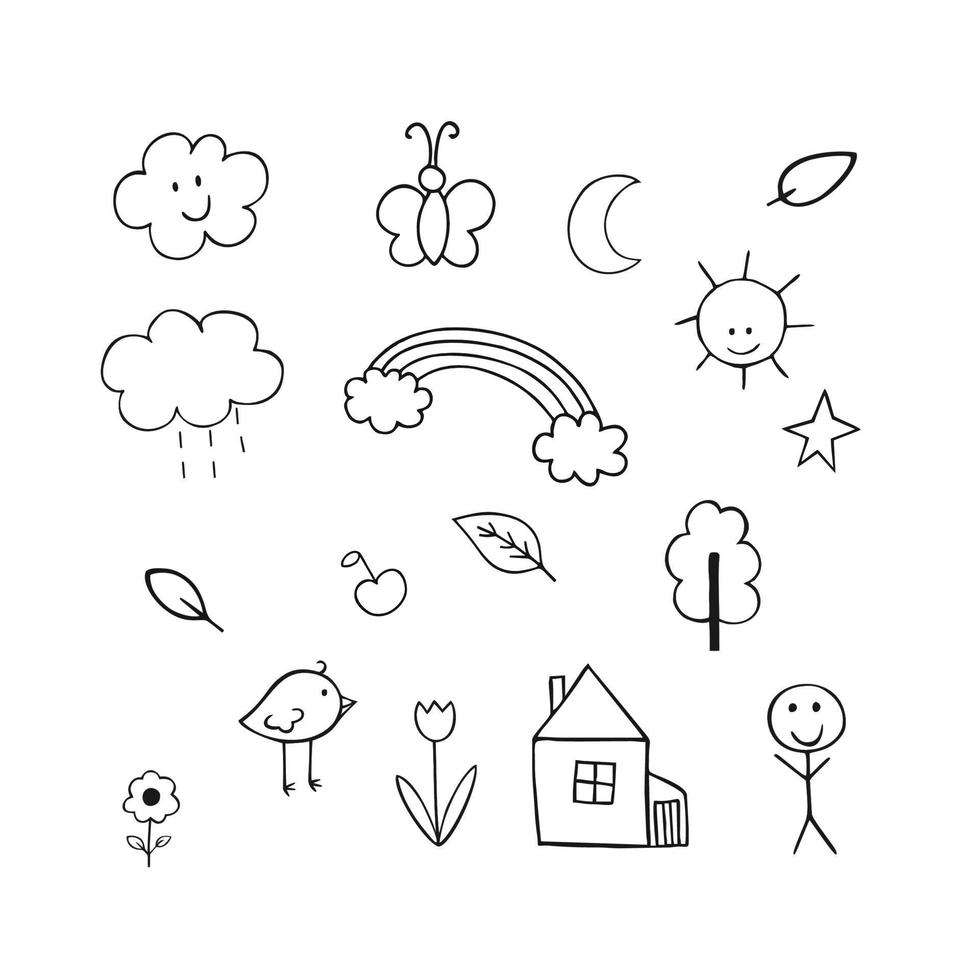 dvector doodle illustrazione per bambini. schizzo a matita, disegni per bambini sole, casa, persona, foglia, fiore. disegno a mano libera, logo design, libri da colorare, libri per bambini. vettore