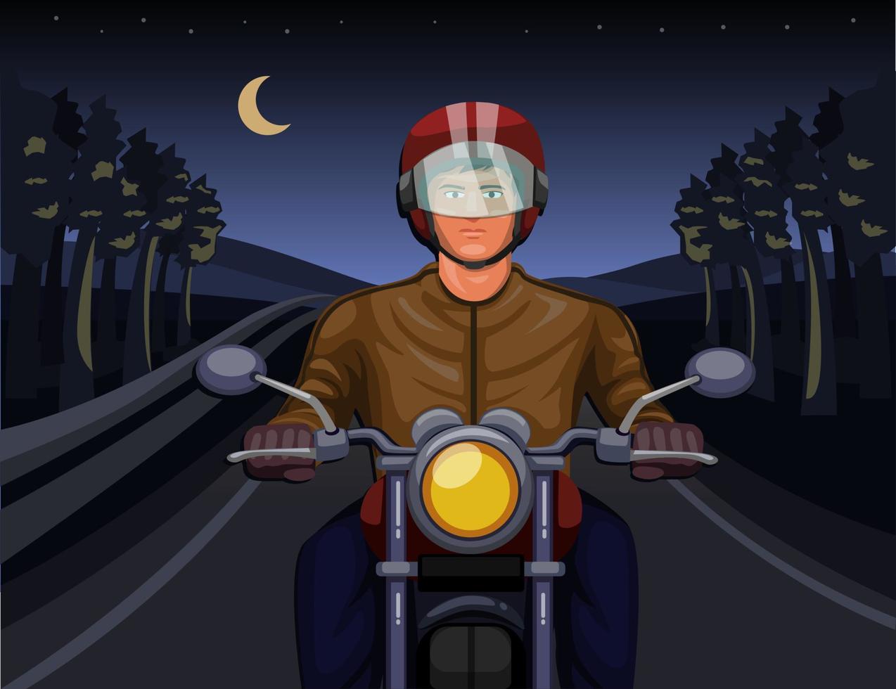 guida notturna con la moto nel concetto di scena della foresta oscura nell'illustrazione del fumetto vettore