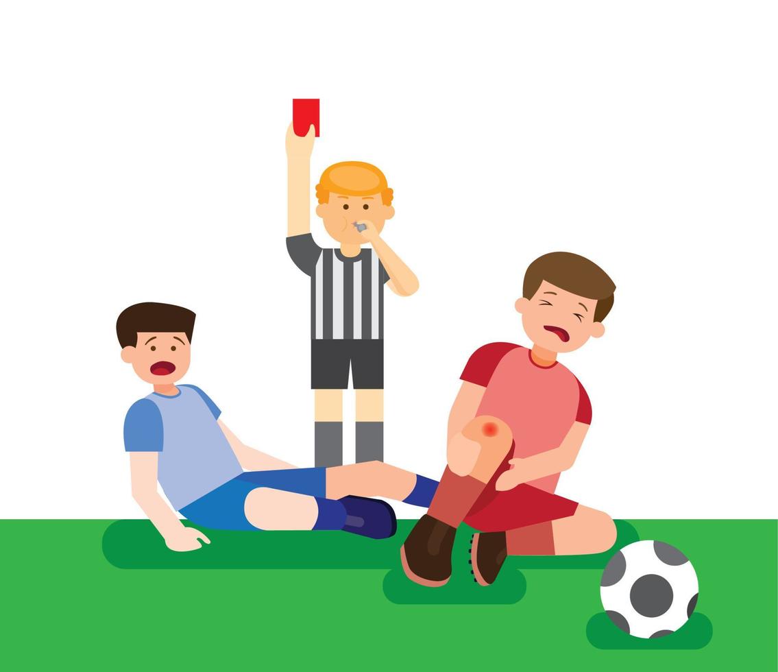 i giocatori di calcio ricevono un cartellino rosso dopo un placcaggio scorrevole, illustrazione piatta del giocatore infortunato vettore