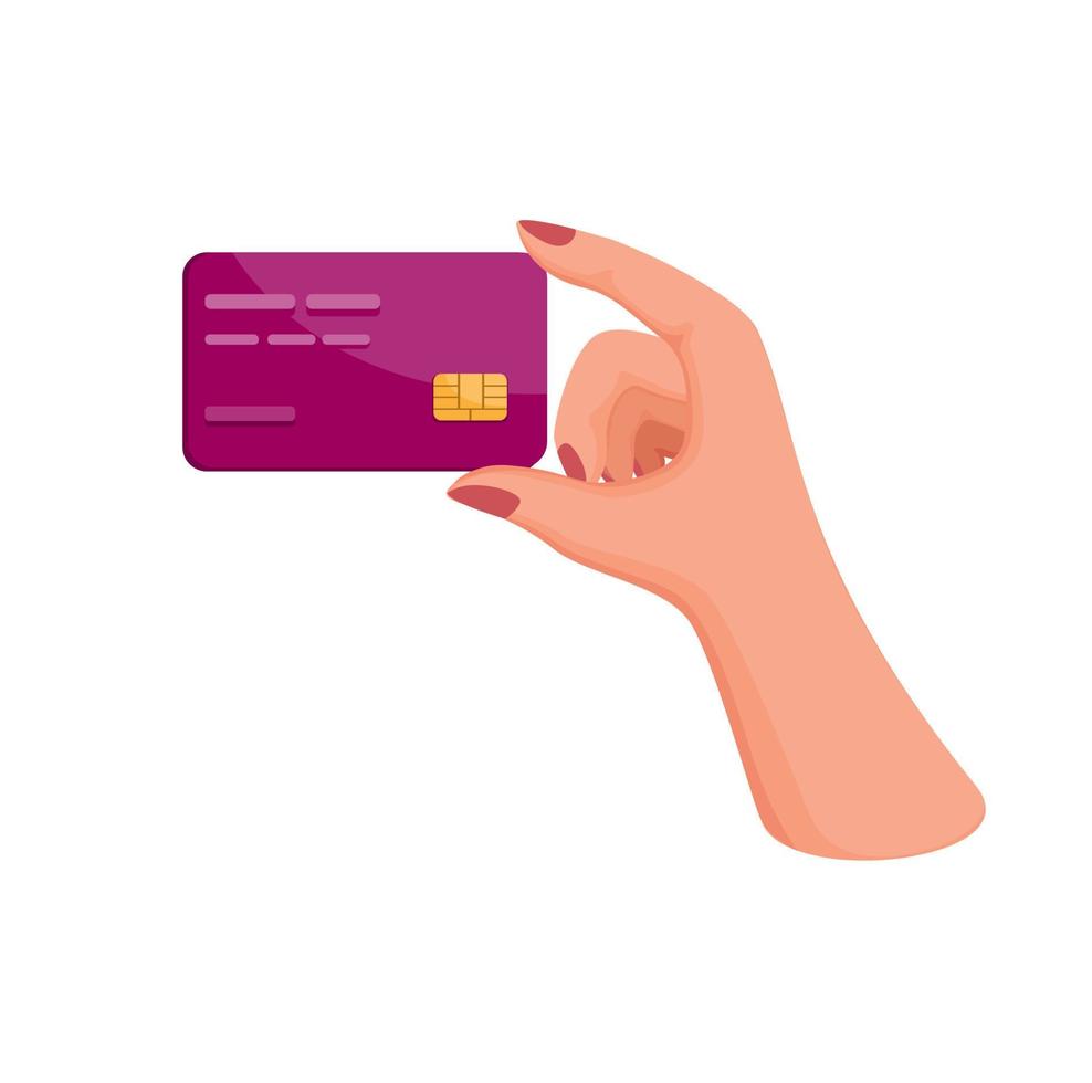 mano della donna che tiene carta di credito o di debito. simbolo di affari di finanza nel vettore dell'illustrazione del fumetto su fondo bianco
