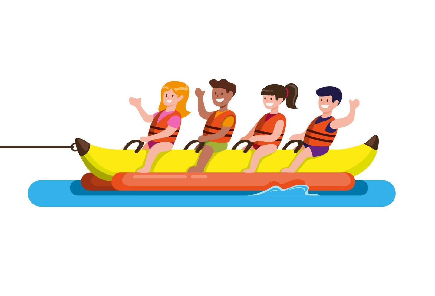 la gente cavalca su una banana boat, sport acquatici in spiaggia. fumetto piatto illustrazione vettoriale isolato in sfondo bianco