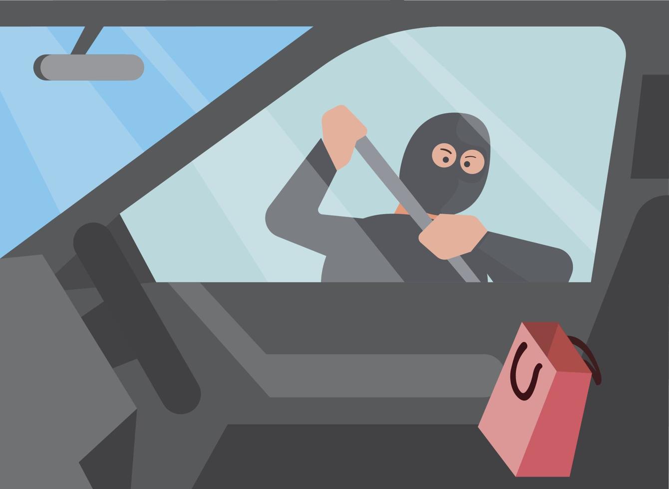 ladro di auto che cerca di entrare in un'auto con la borsa della spesa, vista dall'interno dell'auto piatta illustrazione vettoriale modificabile