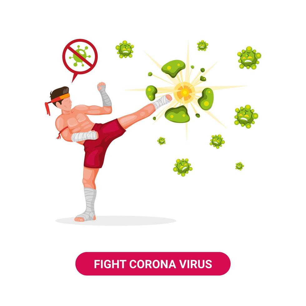 il combattente muay thai distrugge il virus corona, combatte la campagna corona con l'arte marziale tradizionale dalla thailandia cartone animato piatto illustrazione vettore isolato in sfondo bianco