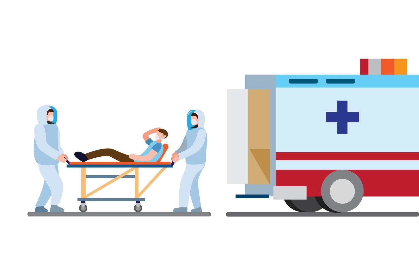 il paramedico indossa una tuta di protezione completa dall'epidemia di virus che porta il paziente all'ospedale, servizio di ambulanza nell'illustrazione piatta dei cartoni animati vettore